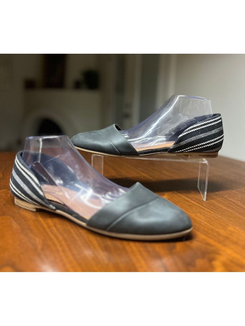 TOMS Jutti D'Orsay Flats Black Leather Woven Stripe Size 11